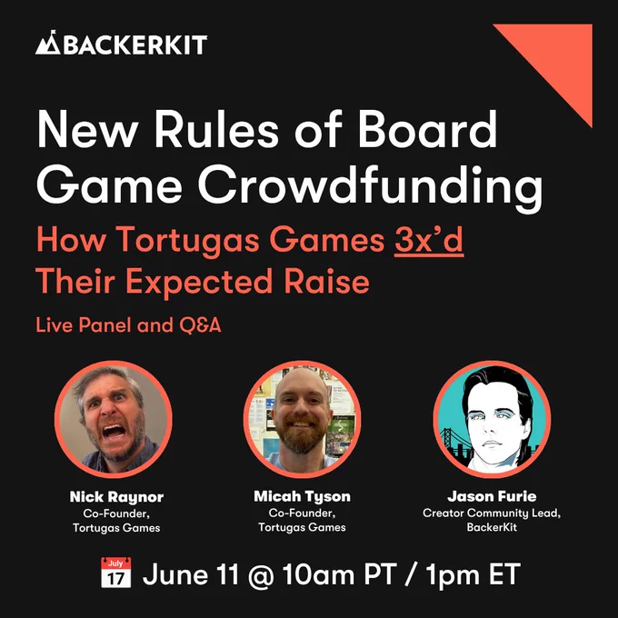 BackerKit webinar promotional graphic on a dark background. Title reads 'New Rules of Board Game Crowdfunding: How Tortugas Games 3x'd Their Expected Raise — Live Panel and Q&A.' Features circular headshots of three speakers: Nick Raynor (Co-Founder, Tortugas Games), Micah Tyson (Co-Founder, Tortugas Games), and Jason Furie (Creator Community Lead, BackerKit). Event date shown at the bottom: June 11 at 10am PT / 1pm ET.