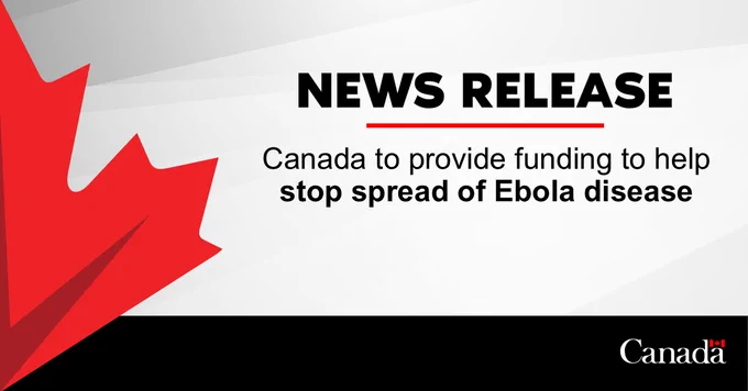 Grey background with half red maple leaf in lower left corner and Canada wordmark in lower right corner. Text reads as follows: “News Release - Canada to provide funding to help stop spread of Ebola disease”