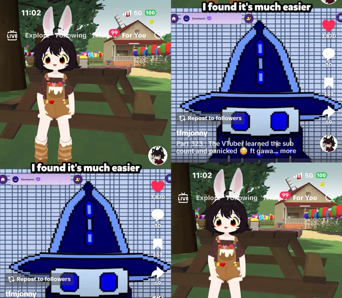 wolf boy vtuber tfmjonny with bunny ears talking to 2d pngtuber quote 'i found its much easier'