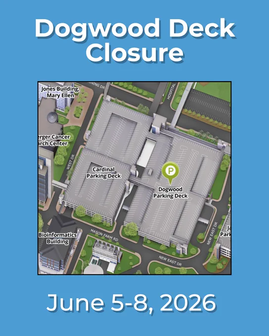 Map showing Dogwood Parking Deck and Cardinal Parking Deck with Dogwood Deck marked for closure June 5-8, 2026.