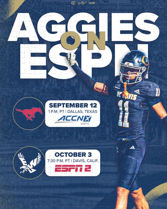Blue graphic with text at top reading Aggies on ESPN above SMU logo in blue circle next to a white box with game and tv information listed via text. Below SMU logo and box is copy with Eastern Washington logo and that game information all next to a cutout of a UC Davis student athlete during a game raising his fist while wearing an all blue uniform combination.