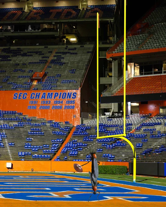 Two giant, connected lovebugs standing upright and scoring a touchdown at Ben Hill Griffin Stadium.