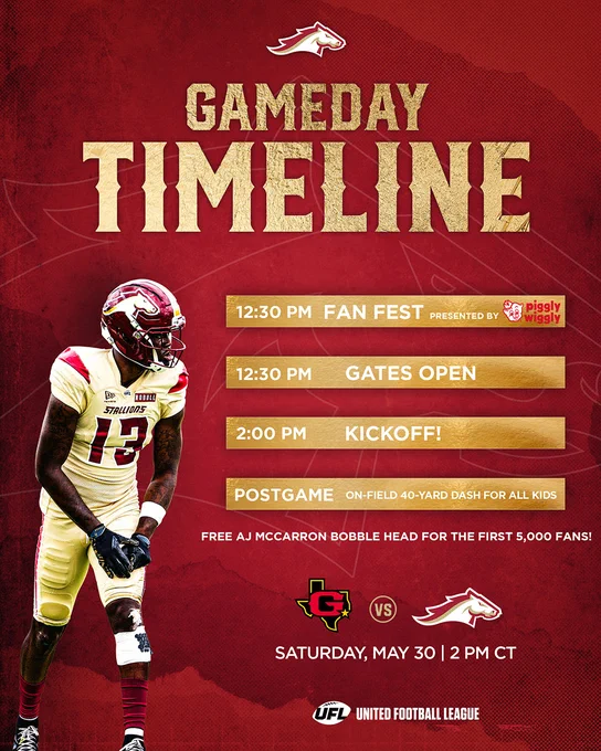 An informative poster outlining the schedule for a football gameday event. Features kickoff details, event timings, and attractions.