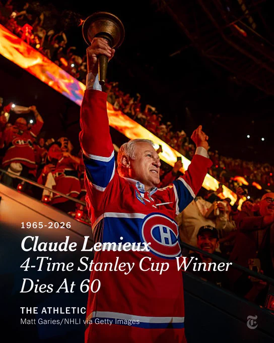 Claude Lemieux carrying the torch into Bell Centre and firing up the home crowd. Headline: Claude Lemieux 4-Time Stanley Cup Winner Dies At 60