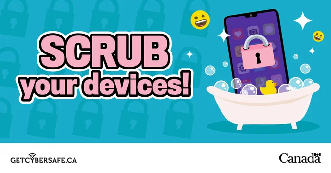 A phone in a bathtub. Image text: SCRUB your devices!