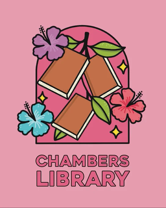 Chambers Library graphic with flowers, books and leaves. 