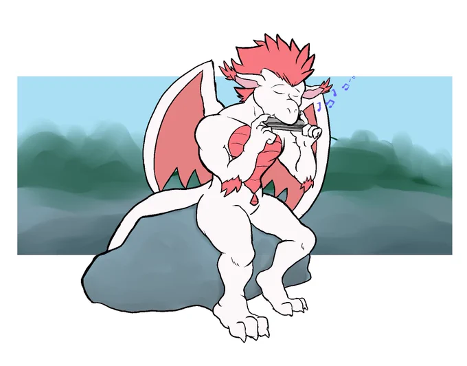 Foam the dragon, happily playing the harmonica, sitting on a rock outside.