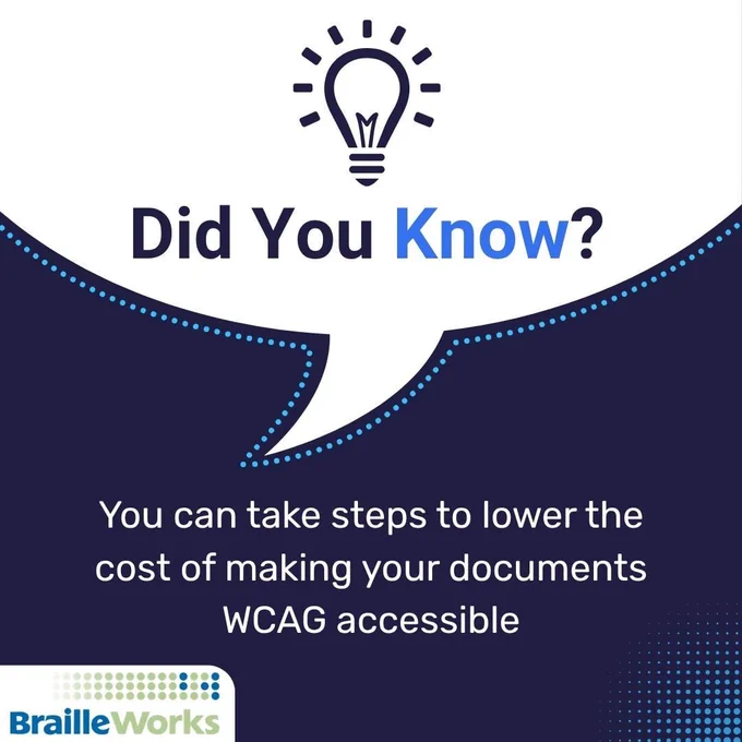 Did you know? You can take steps to lower the cost of making your documents WCAG accessible. Braille Works logo.