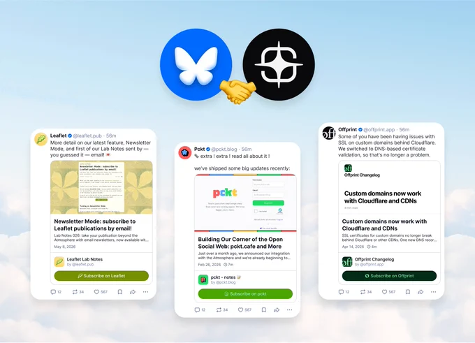 The Bluesky and Standard.site logos sharing an emoji handshake above examples of the new, dynamic link cards.