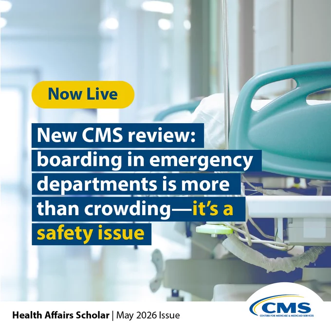 A hospital bed in a hallway with text overlay. The text reads: "Now Live. New CMS review: boarding in emergency departments is more than crowding—it's a safety issue. Health Affairs Scholar | May 2026 Issue." The CMS logo is in the bottom right corner.