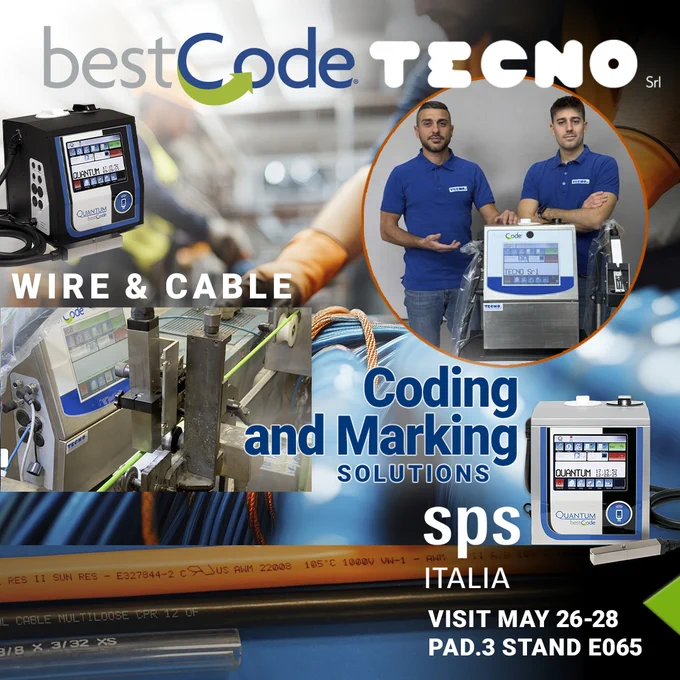 Wire & Cable coding demands precision — and Tecno SRL delivers it.

With over 30 years as Italy's leader in cable and harness marking, Tecno SRL brings unmatched expertise to every application. As BestCode's only distributor exclusively focused on Wire & Cable Coding, Marking & Identification, they're pioneering solutions built specifically for this industry.

This week at SPS Italia (Pad. 3 · Stand E065), the Tecno team is showcasing the latest BestCode inkjet innovations — including:
✅ Advanced cutting/stripping systems with head, center & tail-of-cable marking 
✅ Sheath and connector coding with high-precision standard, pigmented & anti-swab inks 
✅ Dedicated software & remote control for full Industry 4.0 integration 
✅ Zero manual operator entry — eliminating errors and maximizing efficiency

📅 May 26–28 | Parma, Italy 
Visit Hall 3 Stand E065 and talk to the specialists.
