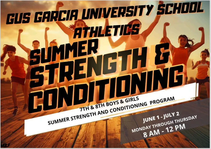 💪🔥 Strength & Conditioning Program is here! 🔥💪 Join us at Gus Garcia University School for an exciting summer of training, fitness, and athletic development! 🏋️‍♂️🏃‍♀️ 📅 June 1 – July 2: Monday - Thursday ⏰ 8:00 AM – 12:00 PM 📍 Gus Garcia University School Gym Build strength, improve conditioning, increase speed and agility, and stay active this summer with our dedicated coaches and athletes! Open to 7th & 8th students with physicals on file that are ready to work hard and get better every day. Let’s make this summer count! 💯 #StrengthAndConditioning #SummerTraining #GusGarciaUniversitySchool #AthleteDevelopment #SummerCamp #TrainHard
