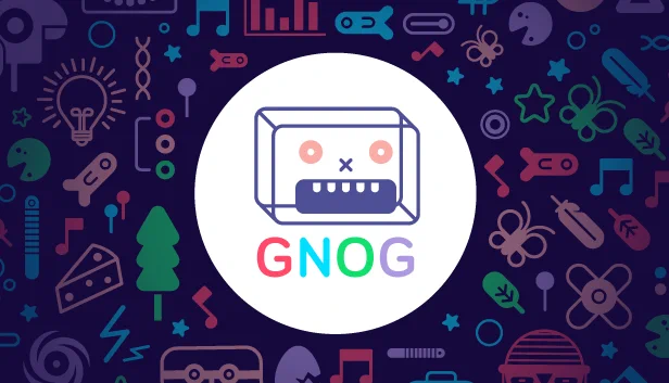 Key art for GNOG. The GNOG logo, a 3D robot head with the title underneath, is in a white circle in the center. The background is dark blue with a splash of items from the game, including a tree, a fish, a music note, a butterfly, stars, and a feather.