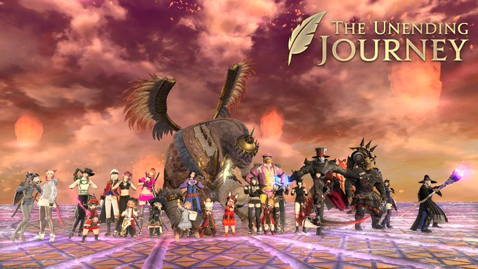 A Final Fantasy 14 screenshot from The Third Walk: Windurst alliance raid. A group of players are posing in front of a defeated boss on an arena with bright red skies.