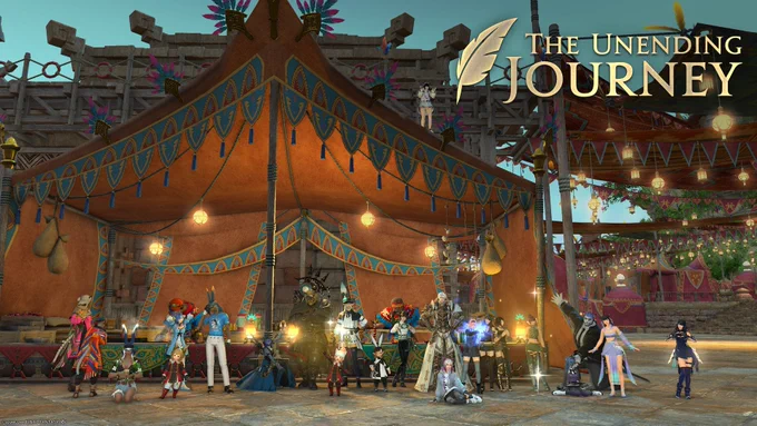 A Final Fantasy 14 screenshot from Aunt Tii's Tacos in Tuliyollal. A group of players are posing together in front and on top of an orange stall where two Mamool Ja are making food.