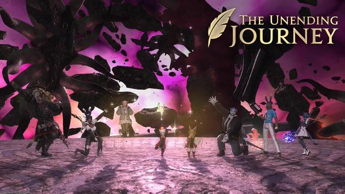 A Final Fantasy 14 screenshot from The Unmaking trial. Eight players are posing together with debris and tentacles floating behind them.
