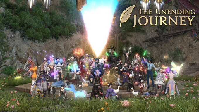A screenshot from The Tuliyollal aetheryte plaza in Final Fantasy 14. A large group of players are posing together, some of which are waving light sticks.
