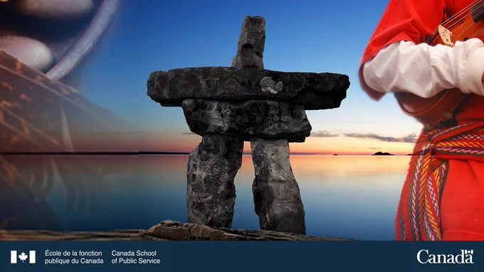 Montage photographique sur fond d'horizon à l'aube présentant des symboles identifiant les Premières Nations, les Inuits et les Métis. Visibles de gauche à droite; un arrangement de plumes liées avec des perles, un Inukshuk et un individu vêtu d'un habit traditionnel métis à ceinture fléchée tenant un violon et un archet.