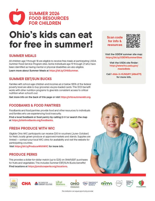 A poster promotes summer meal resources for Ohio kids, featuring a child holding a lemon, red apple logo, and QR code.