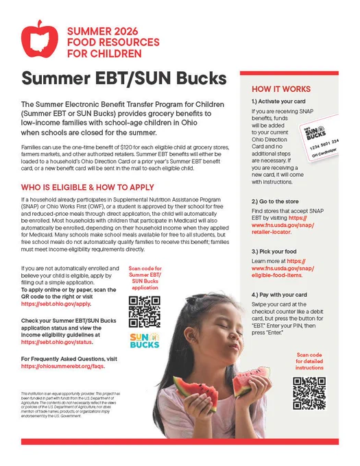 A flyer details Summer EBT/SUN Bucks for low-income families. It includes instructions, a child holding a watermelon slice, and QR codes.