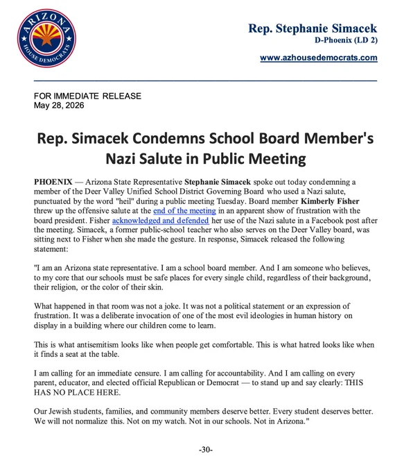 FULL TEXT:
https://www.azhousedemocrats.com/post/rep-simacek-condemns-school-board-member-s-nazi-salute-in-public-meeting
