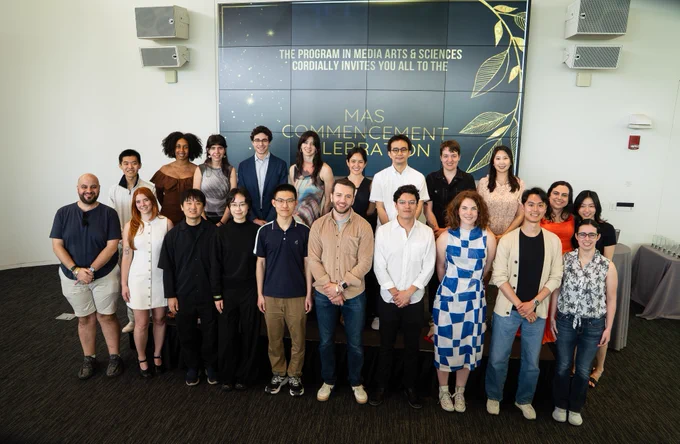 A group photo of the 2026–26 graduates from the Program in Media Arts and Sciences and the Media Lab. Credit: Jimmy Day