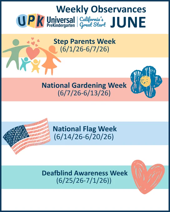 Weekly Observances: June

Step Parents Week (6/1/26-6/7/26)

National Gardening Week (6/7/26-6/13/26)

National Flag Week (6/14/26-6/20/26)

Deafblind Awareness Week (6/25/26-7/1/26)