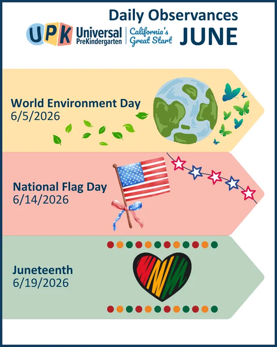 Daily Observances: June

World Environment Day: 6/5/26

National Flag Day: 6/14/26

Juneteenth: 6/19/26