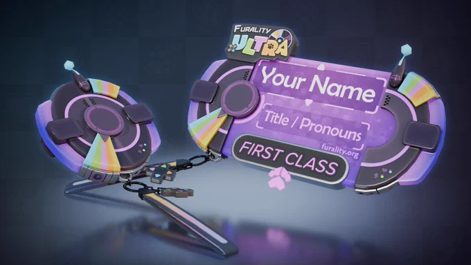 An stylish purple game-controller style badge asset for First Class tier, including rainbow motif segments and including a collapsed shell version!