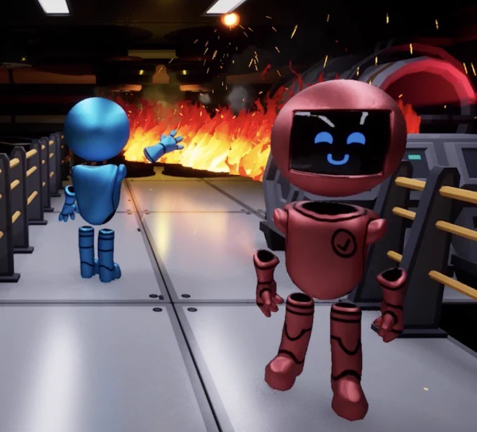A chaotic little Starship Bloopers moment: the engine room is fully on fire, the blue crewmate is looking suspiciously guilty, and the pink bot is somehow still serving cute while everything burns behind them.