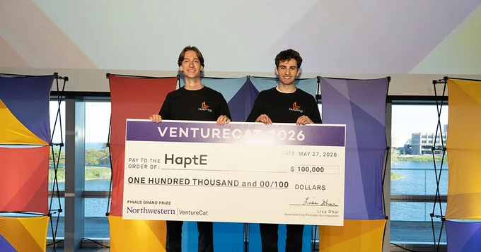 Northwestern Engineering students are turning big ideas into real-world impact—and winning big.
Trevor Abbott and Quinn McGinley, both mechanical engineering students, took home the VentureCat 2026 Grand Prize — $100,000 for their startup HaptE, a computer vision system that catches execution errors and optimizes warehouse operations in real time.
Abbott and McGinley were far from the only McCormick School of Engineering students honored. Read on to find out who else was recognized.