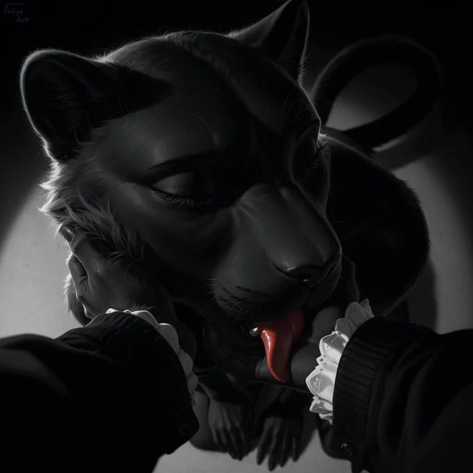 Close-up, dark monochrome image of Siyana, a black panther anthro, leaning over someone’s wrist with her eyes half-lidded and her red tongue extended. Her face is mostly in shadow, with soft highlights catching her ears, muzzle, lashes, and fur. The person beneath her wears dark sleeves with white ruffled cuffs, giving the scene a gothic, intimate, slightly predatory mood.