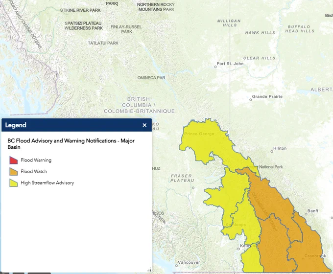 Flood Watch for areas of the Interior including: Upper Columbia including tributaries around Revelstoke, Golden and surrounding areas; West Kootenay including tributaries around Trout Lake, Lardeau River, Kaslo, Nakusp, Nelson, and surrounding areas; East Kootenay including tributaries around Fairmont Hotsprings, Elkford, Kimberley. surrounding areas. High Streamflow Advisory for areas of the Interior including: Upper Fraser – East, including the Fraser River and tributaries from Prince George to McBride and Red Pass; North and South Thompson Rivers, including tributaries around Clearwater, Blue River, Malakwa, Sicamous and surrounding areas; Boundary including headwater tributaries on the Granby River and surrounding areas 