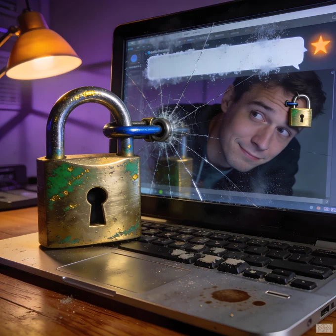 A large padlock is placed on the keyboard of a laptop. The laptop screen is cracked, with a visible shatter pattern. On the screen, a man is visible, looking to the side. A small padlock icon is superimposed on his forehead. A speech bubble with a blank space is above his head. A star icon is in the top right corner of the screen. A desk lamp with a yellow shade is on the left, casting light on the scene. The laptop and desk have visible dust and stains.
