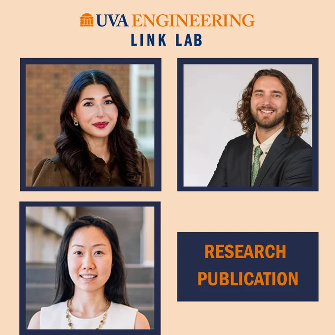 Graphic with a beige UVA Engineering Link Lab background. At the top, text reads “UVA Engineering Link Lab.” Three headshots are displayed: top left shows Lauren E. Horde indoors in front of a brick background; top right shows J. Michael Bertsch against a light studio background wearing a suit; bottom left shows faculty advisor Sara L. Riggs in front of an indoor staircase. A navy box on the right reads “Research Publication”.