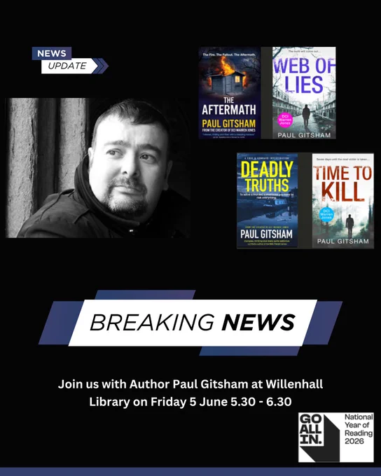 Poster announcing author Paul Gitsham's appearance at Willenhall Library on Friday 5 June at 5.30pm to 6.30pm. The poster features his portrait and book covers.