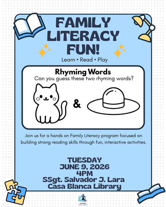 Illustration of a cat and a hat prompting a rhyming words game for a family literacy event on June 9, 2026, at Casa Blanca Library at 4pm.