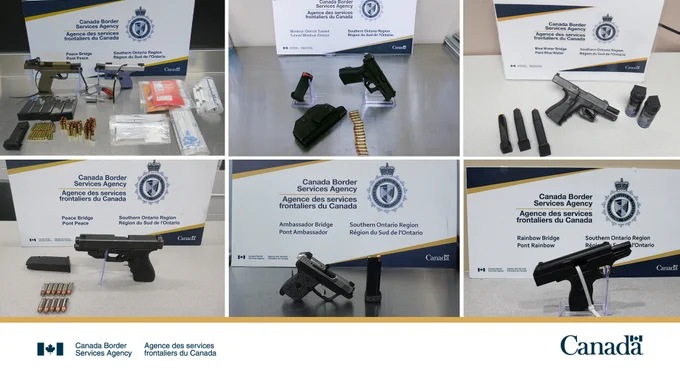 Collage of seized firearms and magazines.