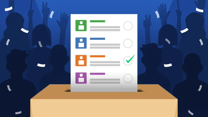 Illustration of a ballot being placed into a ballot box, showing a list of candidates with coloured icons. One option is selected with a green check mark. Silhouetted figures in the background raise their hands.