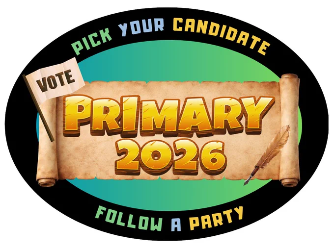 A logo for the Primary 2026 election based on the look of the TV show Survivor. Logo has the motto Pick Your Candidate - Follow A Party around the perimeter and Primary 2026 on parchment.