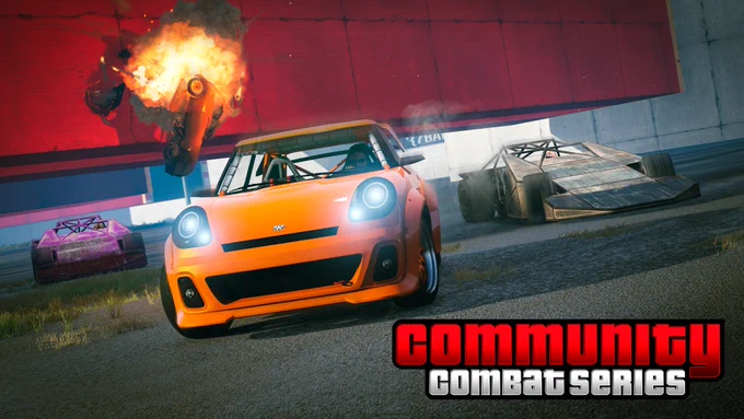 Community Combat Series poster featuring cars with sloped hoods chasing a car. In the distance, a launched car explodes against a large red structure.  