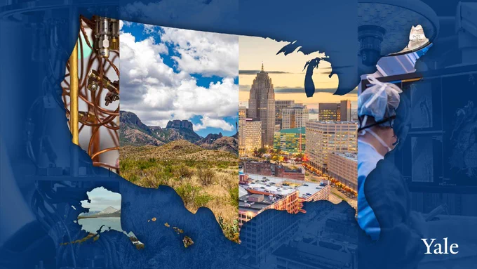 A stylized map of the United States is divided into four sections, each showcasing different themes: scientific equipment, a desert landscape, a cityscape, and a laboratory scene. The word "Yale" appears in the bottom right corner.