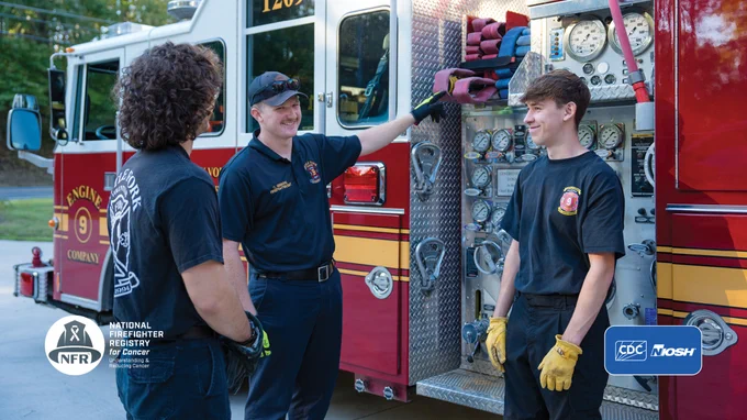 Three firefighters standing next to the fire truck talking. Image includes the NFR and CDC/NIOSH logos