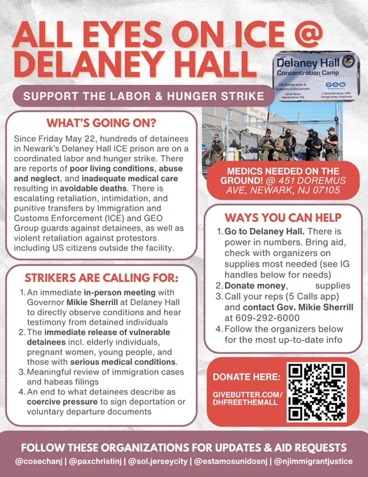 Four, an end to what detainees describe as coercive pressure to sign eportation or voluntary departure documents. Ways you can help. One, go to Delaney hall (at 451 D-O-R-E-M-U-S avenue, Newark, New Jersey, 07105. There is power in numbers. Donate money at give butter dot com slash d-h free them all. Call your representatives using the apps titled "5 Calls" that you can search for on the app store. You can also contact Governor Mikie Sherrill's office at 6-0-9, 2-9-2, 6 thousand.