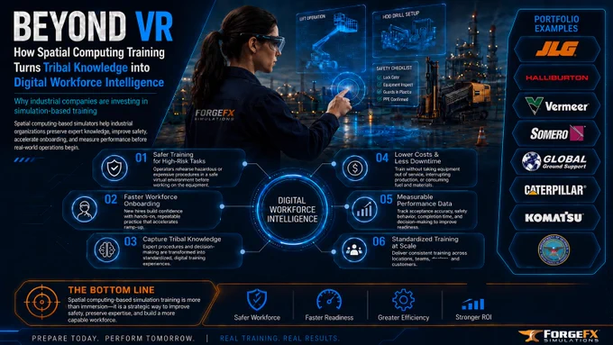 Industrial companies are facing a major knowledge-transfer challenge.

As experienced workers retire and equipment becomes more complex, training has to evolve beyond manuals, videos, and shadowing.

This article looks at how spatial computing and simulation-based training can help preserve tribal knowledge, improve safety, accelerate onboarding, and turn workforce readiness into something measurable.

It’s not just about VR. It’s about building safer, smarter, more capable teams before they step into real-world operations.