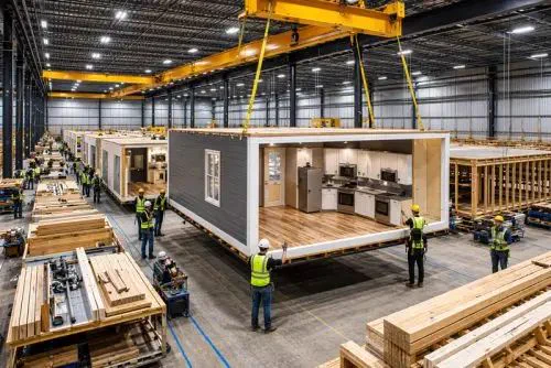 Workers in a factory assemble modular homes, using cranes to position sections. The environment is busy, well-organized, and industrious.