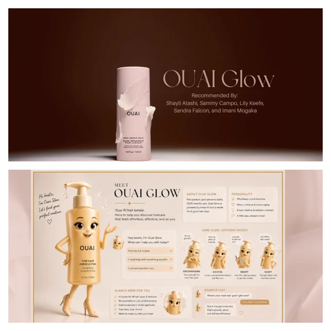 The image features a product presentation for "OUAI Glow." The top section displays a cylindrical OUAI product container with text recommending the product by Shayli Atashi, Sammy Campo, Lilly Keefe, Sandra Falcon, and Imani Mogaka. The bottom section introduces a cartoon character of a smiling bottle with informative text about the product's features, uses, and different available models named Terre, Le Soleil, Mare, Barry, and Sashe.