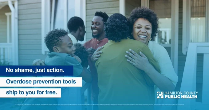 A group of kids and adults hugging and smiling. Text overlay reads, “No shame, just action. Narcan and fentanyl test strips ship to you for free.” The HCPH logo is included in the bottom left corner.