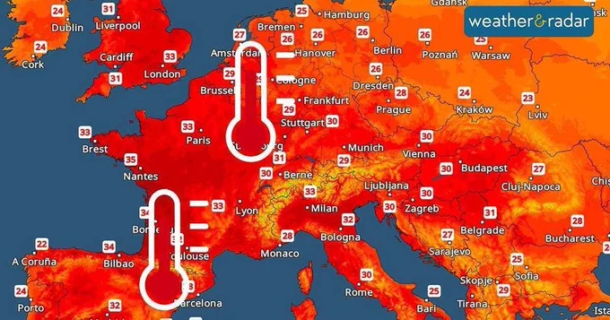 Heat map of Europe showing all land in red, with temperature values across different cities around 30 degrees C.