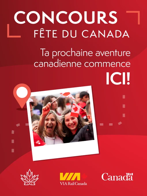 Annonce du concours de la fête du Canada avec une photo de personnes célébrant et agitant des drapeaux canadiens, invitant à participer à une aventure canadienne.